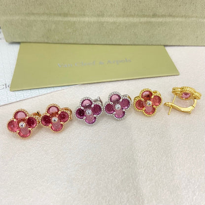 [⭐Luxery]2026 NEW  CLOVER 1 MOTIFPINK ENAMEL STUD EARRINGS WITH DIAMONDS2