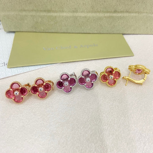[⭐Luxery]2026 NEW  CLOVER 1 MOTIFPINK ENAMEL STUD EARRINGS WITH DIAMONDS2
