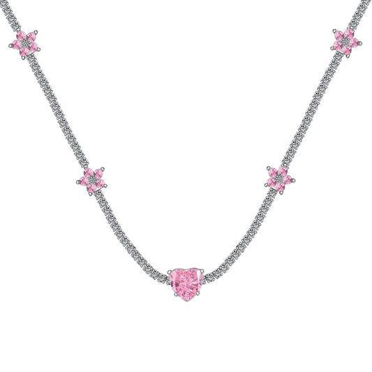 [Luxery Jewelry]Dazzling Pink Heart Flower Necklace