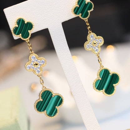 [⭐Luxery]CLOVER EARRINGS GOLD MALACHITE DIAMOND 3 MOTIF