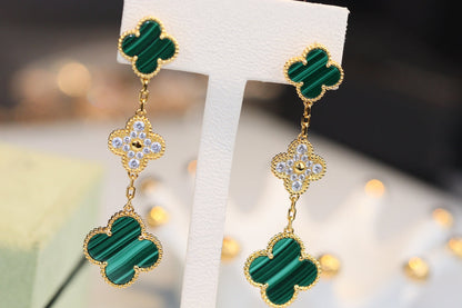 [⭐Luxery]CLOVER EARRINGS GOLD MALACHITE DIAMOND 3 MOTIF