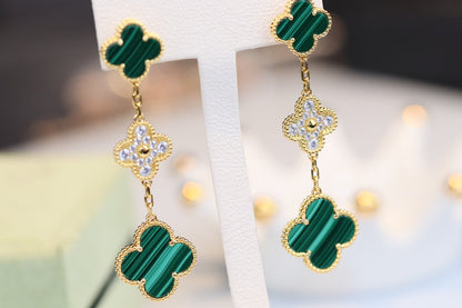 [⭐Luxery]CLOVER EARRINGS GOLD MALACHITE DIAMOND 3 MOTIF
