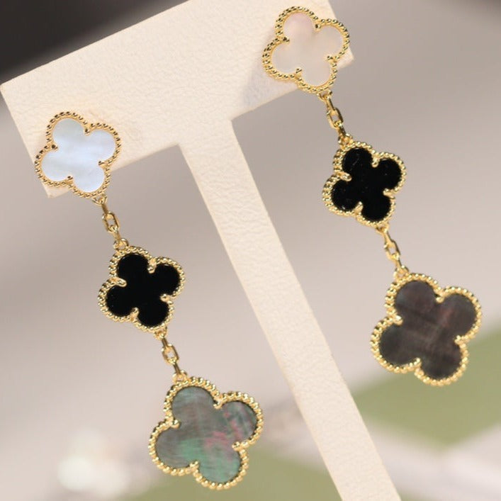 [⭐Luxery]CLOVER EARRINGS GOLD ONYX MOP 3 MOTIF