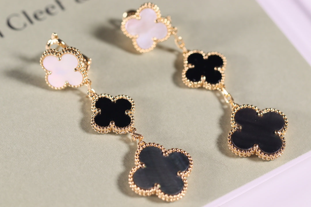 [⭐Luxery]CLOVER EARRINGS GOLD ONYX MOP 3 MOTIF