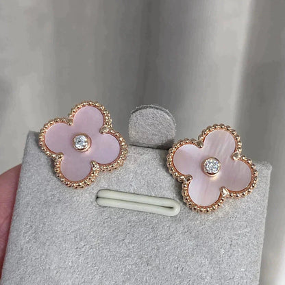 [⭐Luxery]CLOVER MEDIUM 1 MOTIFS  PINK MOP DIAMOND EARRINGS