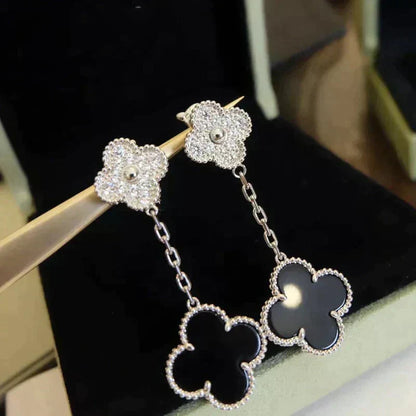 [⭐Luxery]CLOVER 2 MOTIFS  DIAMOND ONYX EARRINGS SILVER
