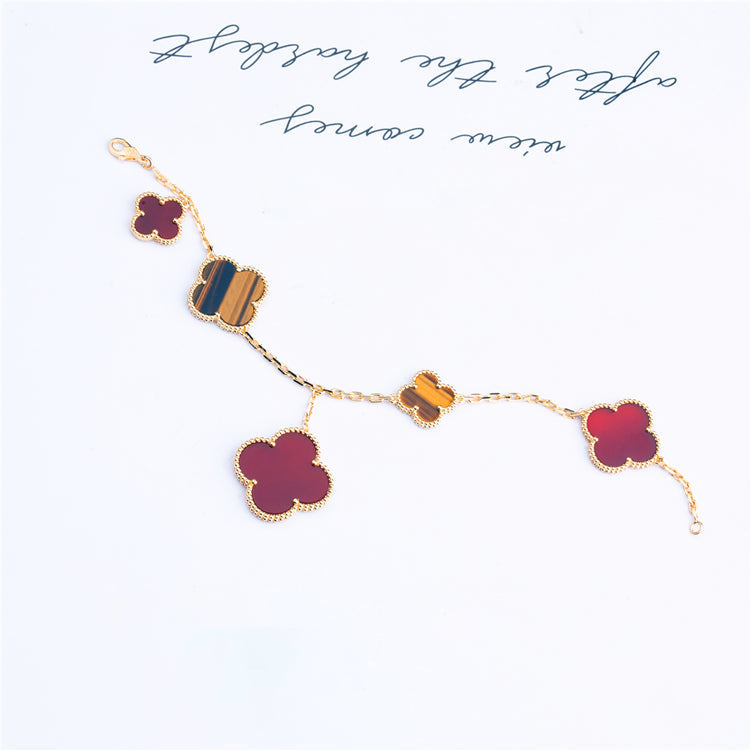 [⭐Luxery]CLOVER BRACELET 5 MOTIFS CARNELIAN TIGER EYE