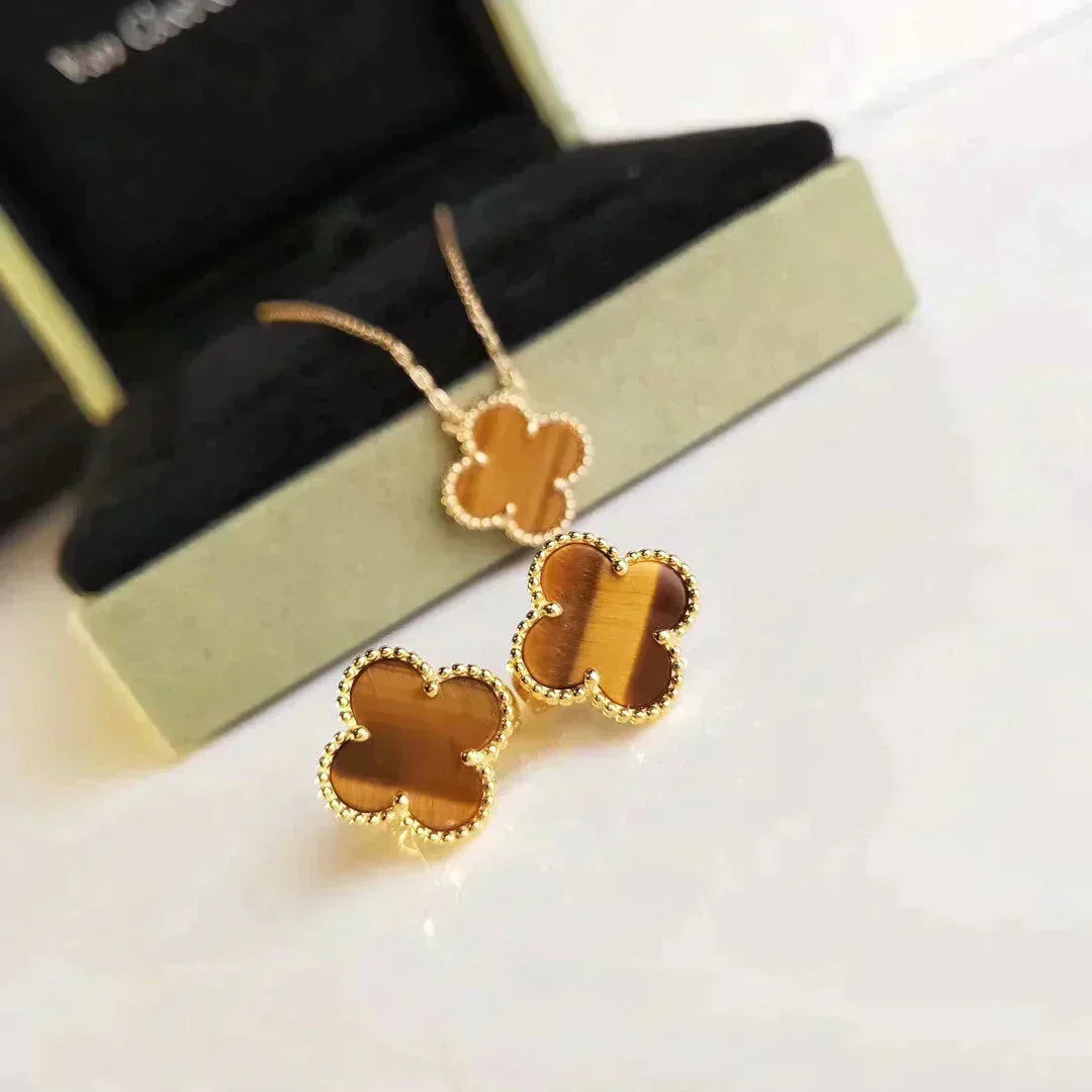[⭐Luxery]CLOVER MEDIUM 1 MOTIFS TIGER EYE EARRINGS
