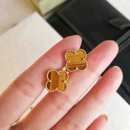 [⭐Luxery]CLOVER MEDIUM 1 MOTIFS TIGER EYE EARRINGS