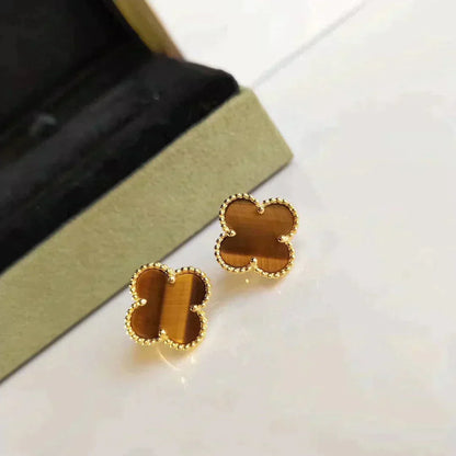 [⭐Luxery]CLOVER MEDIUM 1 MOTIFS TIGER EYE EARRINGS