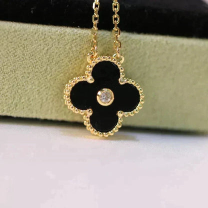 [⭐Luxery]CLOVER 15MM DIAMOND ONYX NECKLACE