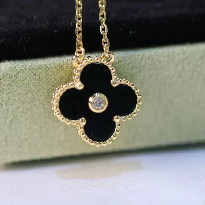 [⭐Luxery]CLOVER 15MM DIAMOND ONYX NECKLACE