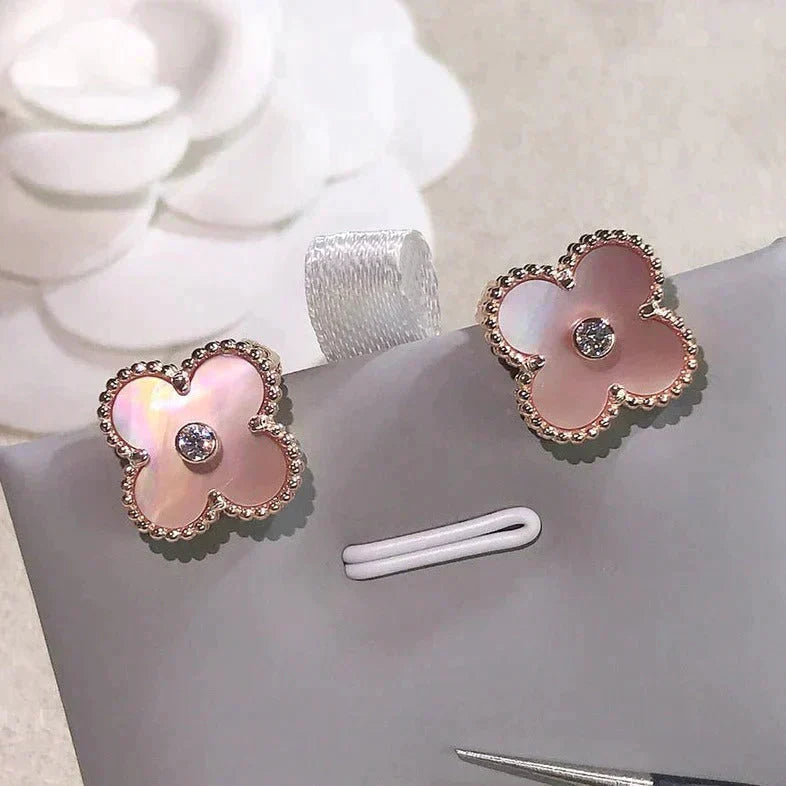 [⭐Luxery]CLOVER MEDIUM 1 MOTIFS  PINK MOP DIAMOND EARRINGS