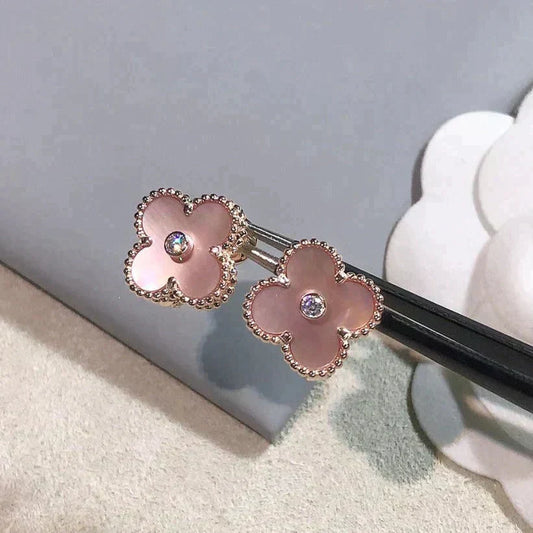 [⭐Luxery]CLOVER MEDIUM 1 MOTIFS  PINK MOP DIAMOND EARRINGS