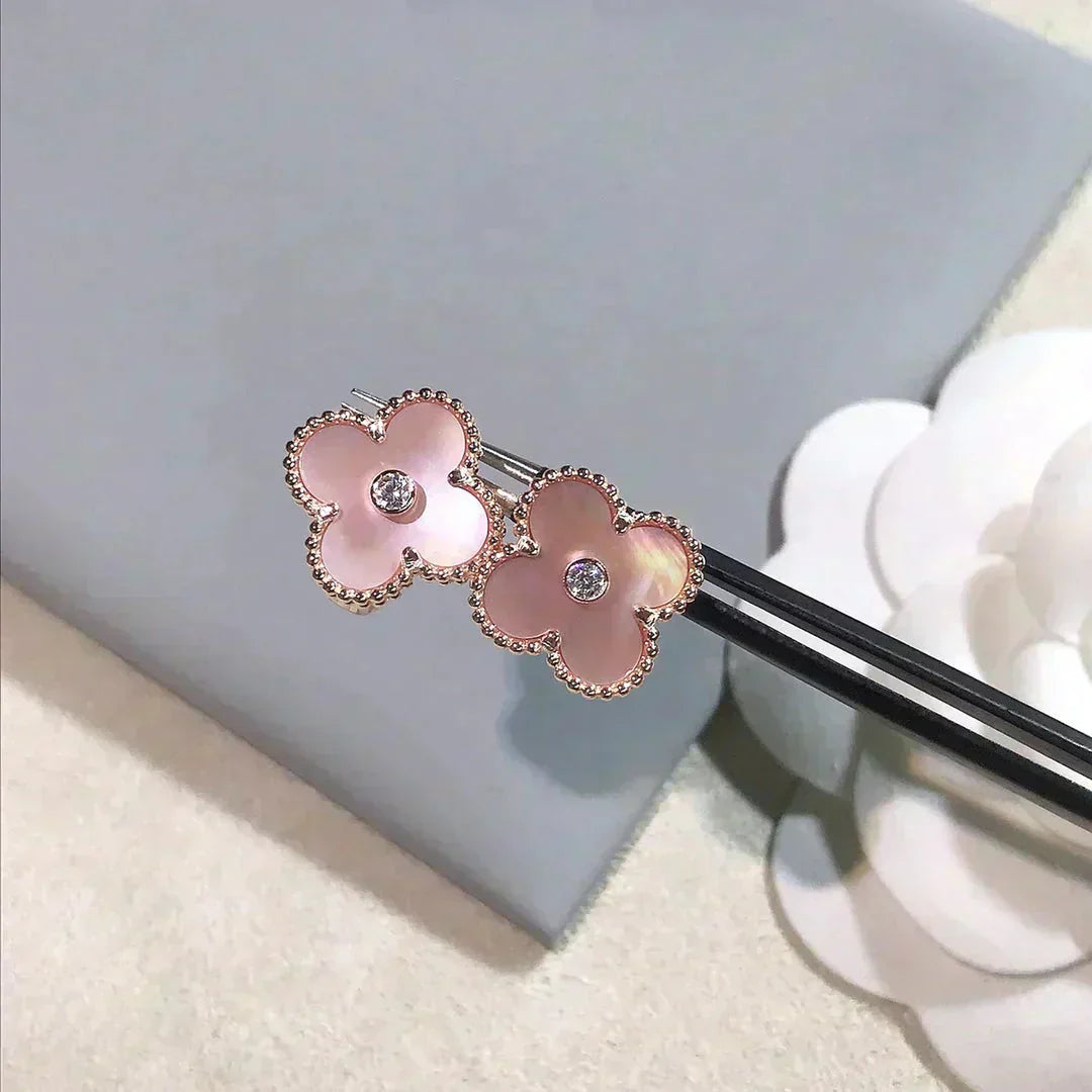 [⭐Luxery]CLOVER MEDIUM 1 MOTIFS  PINK MOP DIAMOND EARRINGS