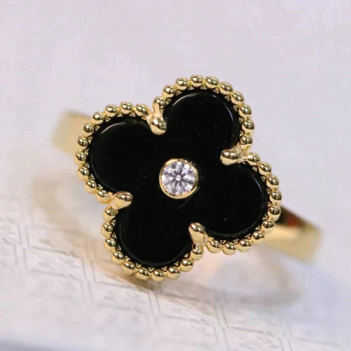 [⭐Luxery]CLOVER ONYX RING GOLD DIAMOND