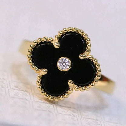 [⭐Luxery]CLOVER ONYX RING GOLD DIAMOND