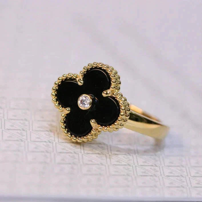 [⭐Luxery]CLOVER ONYX RING GOLD DIAMOND