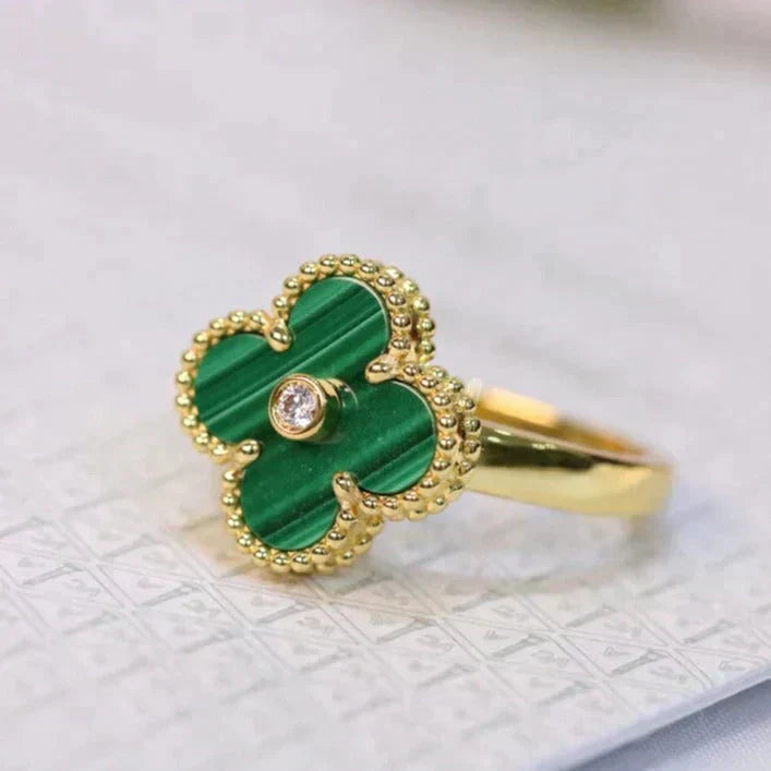 [⭐Luxery]CLOVER MALACHITE RING GOLD DIAMOND