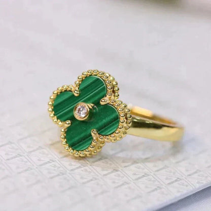 [⭐Luxery]CLOVER MALACHITE RING GOLD DIAMOND
