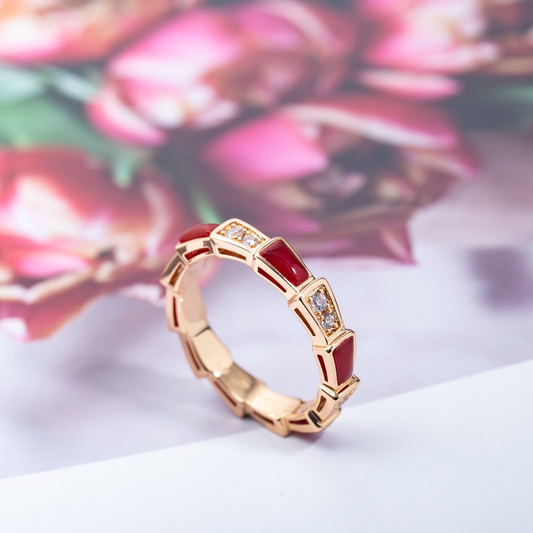 [⭐Luxery]SERPENTI RING PINK GOLD CARNELIAN DIAMOND 3MM