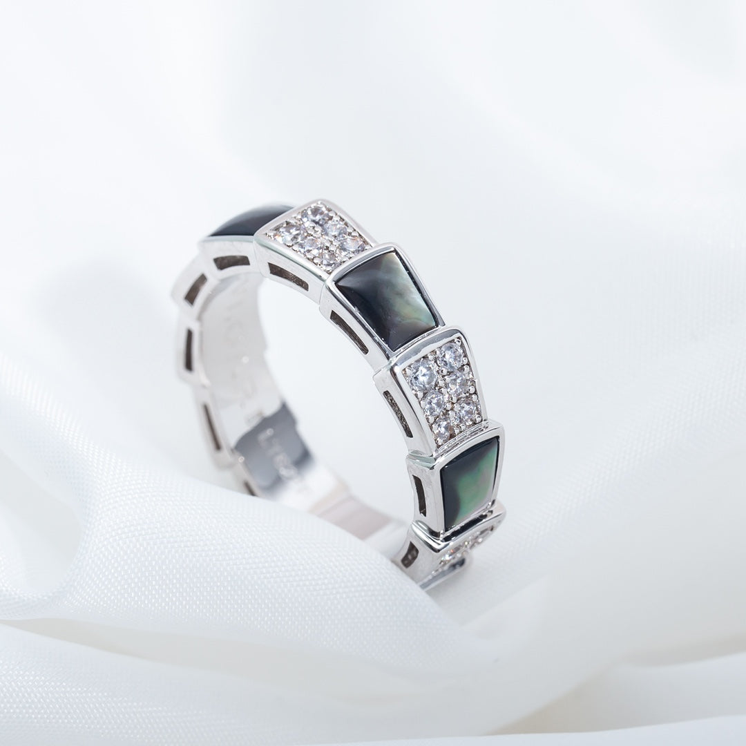 [⭐Luxery]SERPENTI RING SILVER DIAMOND BLACK MOP 4MM