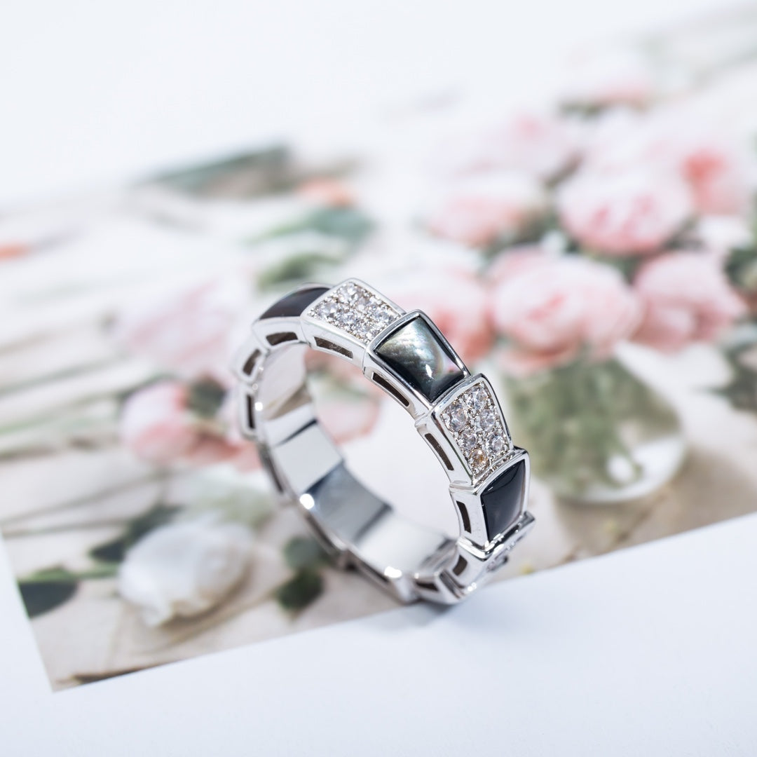 [⭐Luxery]SERPENTI RING SILVER DIAMOND BLACK MOP 4MM