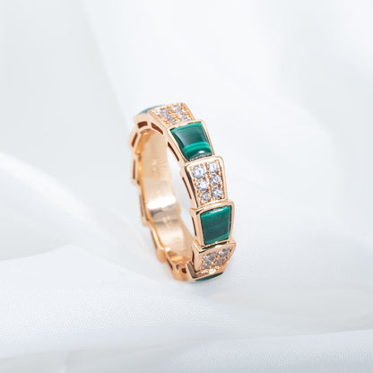 [⭐Luxery]SERPENTI RING PINK GOLD MALACHITE DIAMOND PAVED 4MM