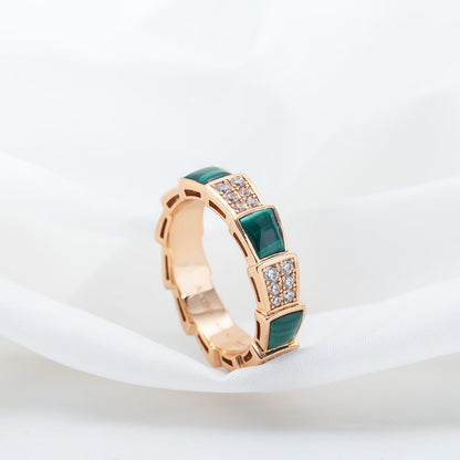 [⭐Luxery]SERPENTI RING PINK GOLD MALACHITE DIAMOND PAVED 4MM