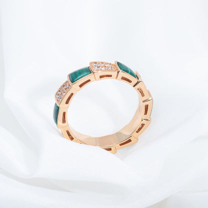 [⭐Luxery]SERPENTI RING PINK GOLD MALACHITE DIAMOND PAVED 4MM