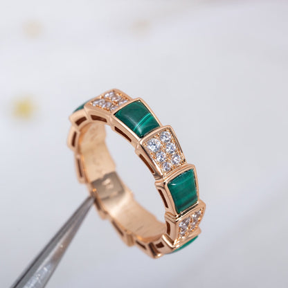 [⭐Luxery]SERPENTI RING PINK GOLD MALACHITE DIAMOND PAVED 4MM