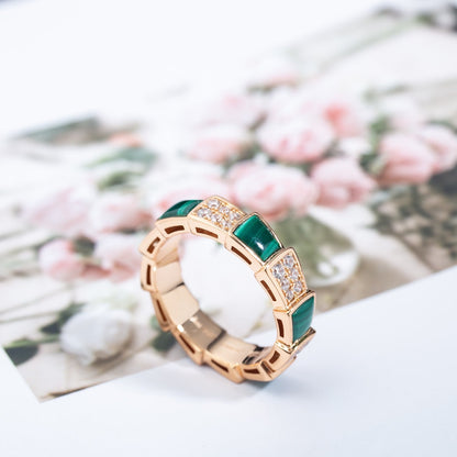[⭐Luxery]SERPENTI RING PINK GOLD MALACHITE DIAMOND PAVED 4MM