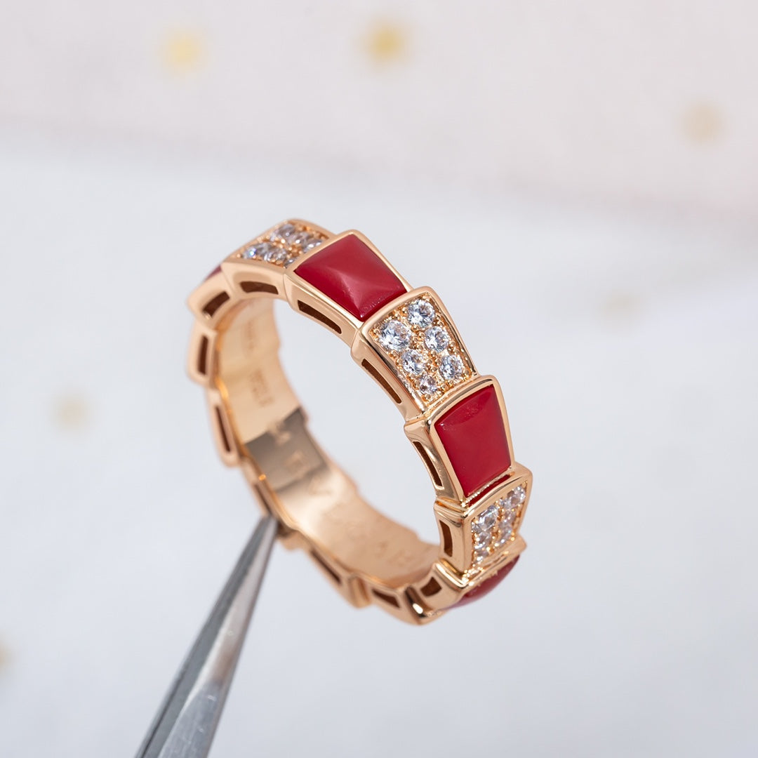 [⭐Luxery]SERPENTI RING PINK GOLD CARNELIAN DIAMOND PAVED 4MM