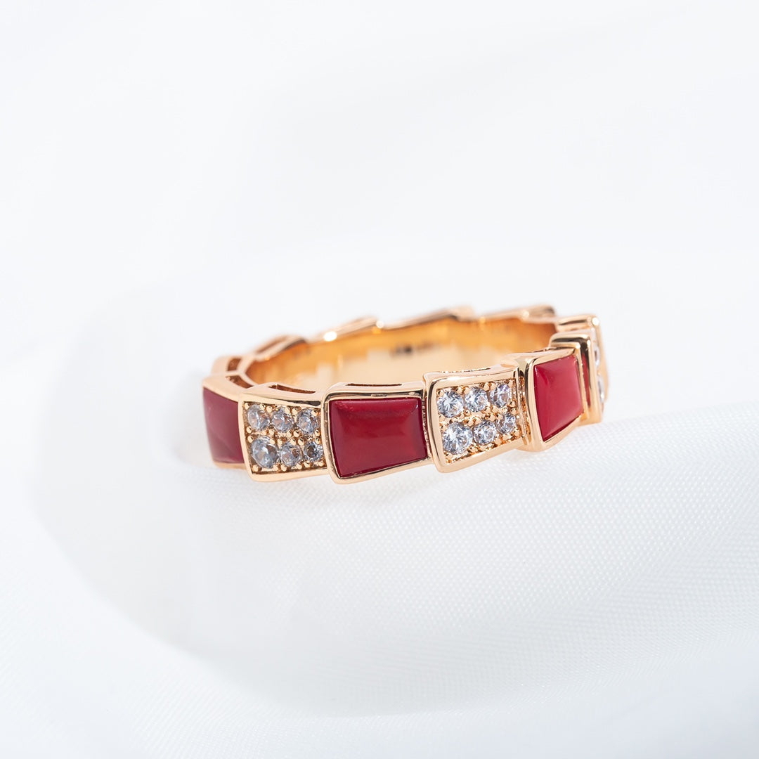 [⭐Luxery]SERPENTI RING PINK GOLD CARNELIAN DIAMOND PAVED 4MM