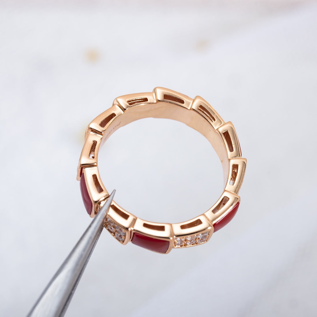 [⭐Luxery]SERPENTI RING PINK GOLD CARNELIAN DIAMOND PAVED 4MM