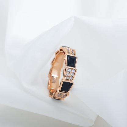[⭐Luxery]SERPENTI RING PINK GOLD BLACK MOP DIAMOND PAVED 4MM