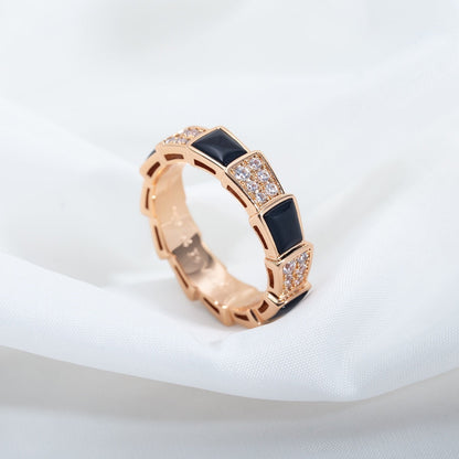 [⭐Luxery]SERPENTI RING PINK GOLD BLACK MOP DIAMOND PAVED 4MM