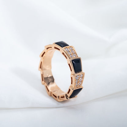 [⭐Luxery]SERPENTI RING PINK GOLD BLACK MOP DIAMOND PAVED 4MM