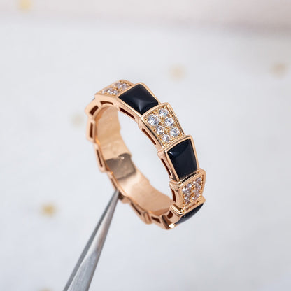 [⭐Luxery]SERPENTI RING PINK GOLD BLACK MOP DIAMOND PAVED 4MM