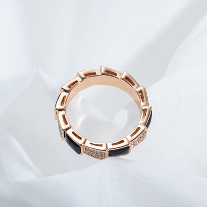[⭐Luxery]SERPENTI RING PINK GOLD BLACK MOP DIAMOND PAVED 4MM