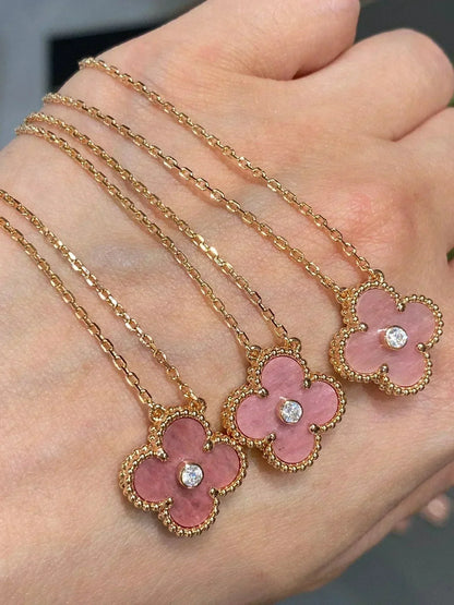[⭐Luxery]CLOVER 15MM DIAMOND RHODONITE NECKLACE