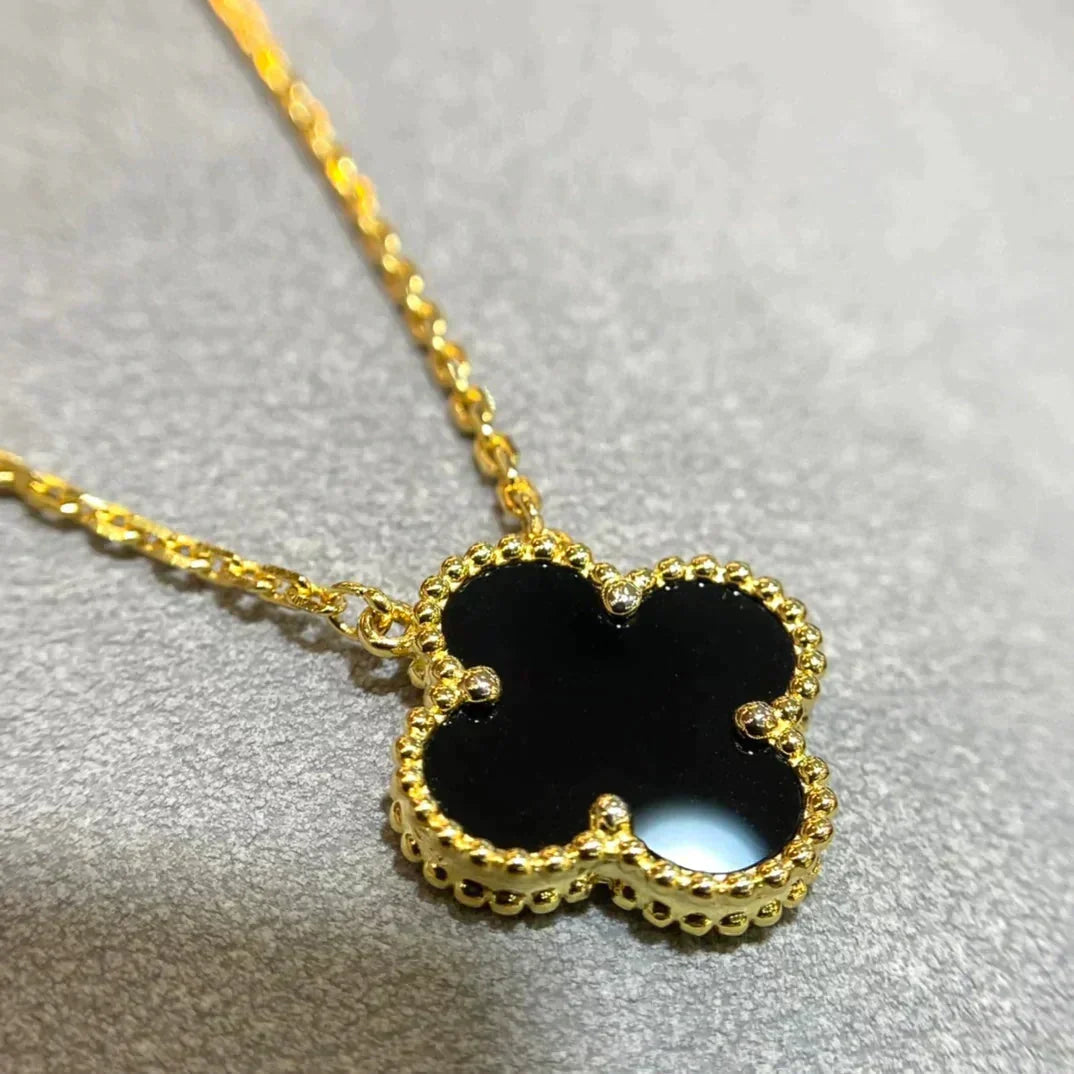 [⭐Luxery]CLOVER 15MM BLACK ONYX SINGLE FLOWER NECKLACE