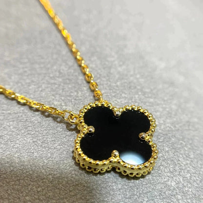 [⭐Luxery]CLOVER 15MM BLACK ONYX SINGLE FLOWER NECKLACE