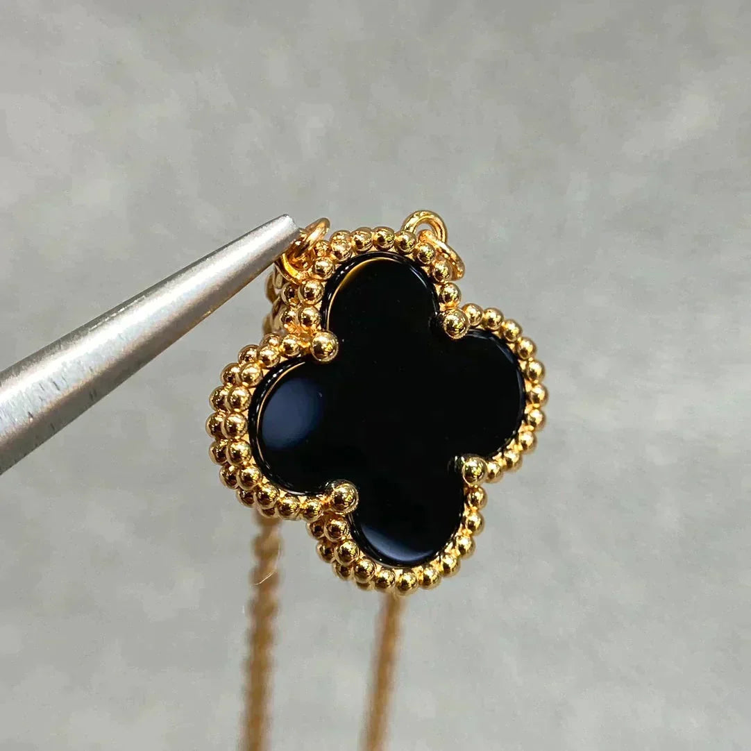 [⭐Luxery]CLOVER 15MM BLACK ONYX SINGLE FLOWER NECKLACE