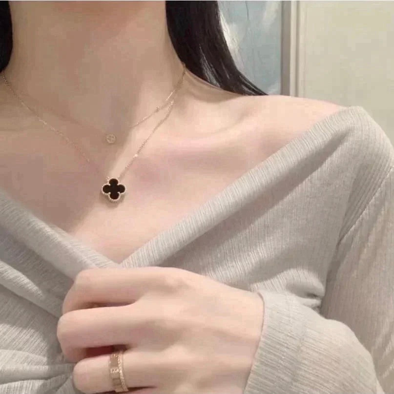 [⭐Luxery]CLOVER 15MM BLACK ONYX SINGLE FLOWER NECKLACE