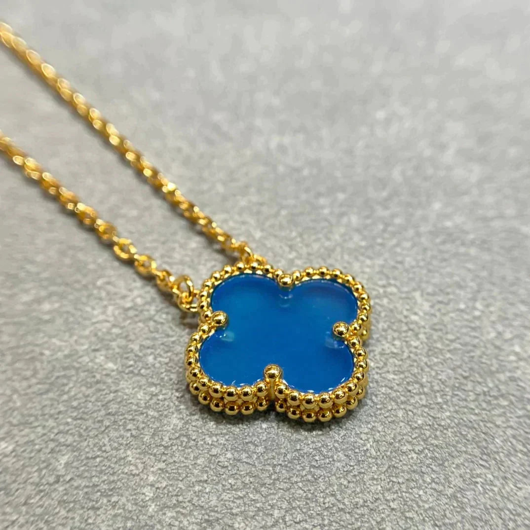 [⭐Luxery]CLOVER 15MM BLUE AGATE NECKLACE