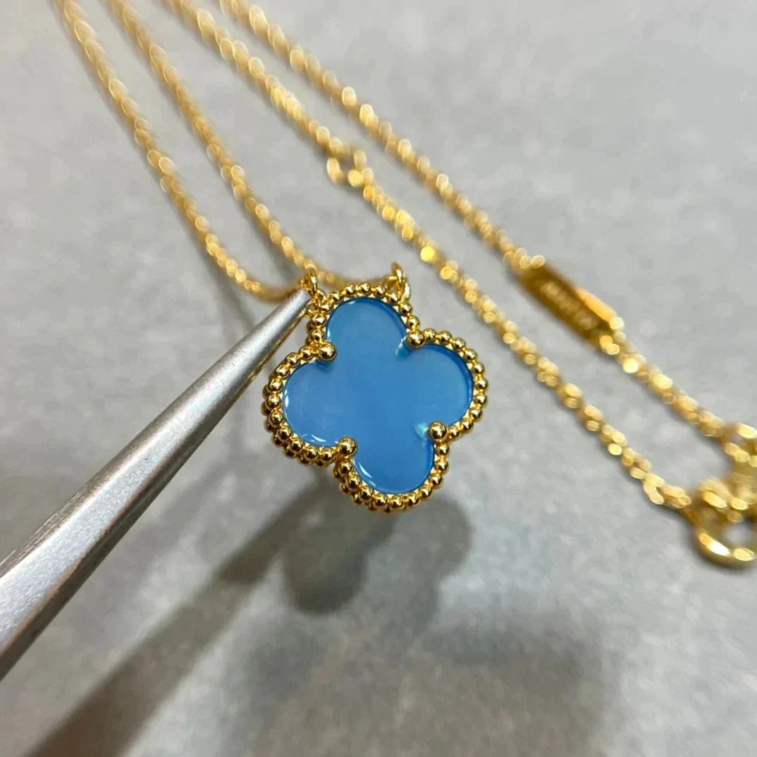 [⭐Luxery]CLOVER 15MM BLUE AGATE NECKLACE