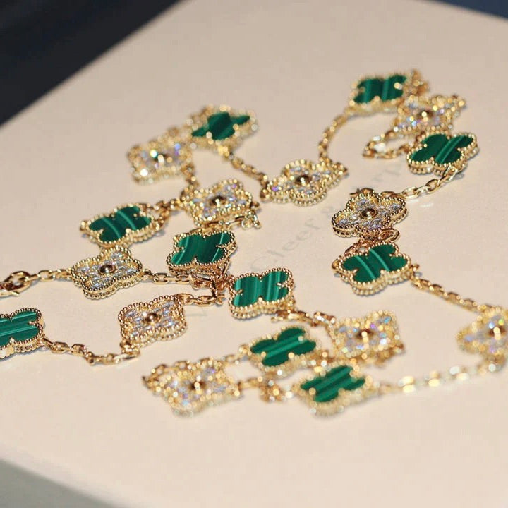 [⭐Luxery]CLOVER 20 MOTIFS MALACHITE DIAMOND NECKLACE