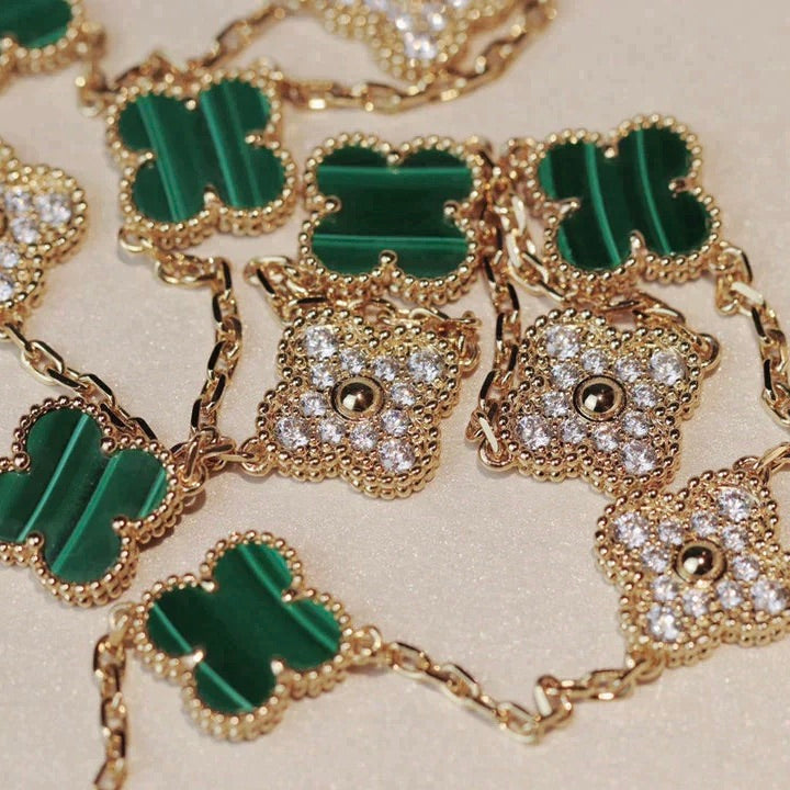 [⭐Luxery]CLOVER 20 MOTIFS MALACHITE DIAMOND NECKLACE