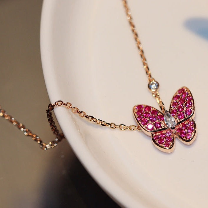 [⭐Luxery]BUTTERFLY RED DIAMOND ROSE GOLD NECKLACE